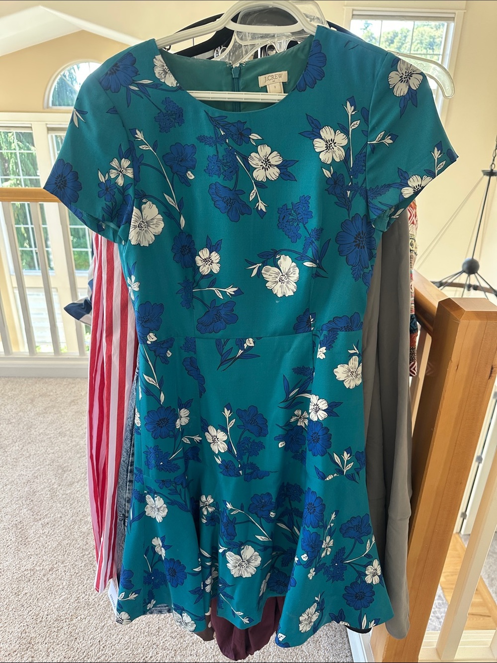 J. Crew Teal Floral Fit-and-Flare Dress with Blue and White Blooms
